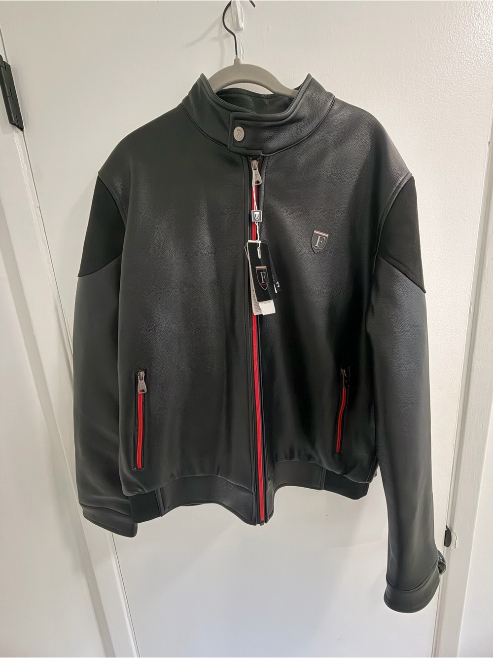 Black Men's Zip-Front Genuine Italian Leather Jacket with Red Trim